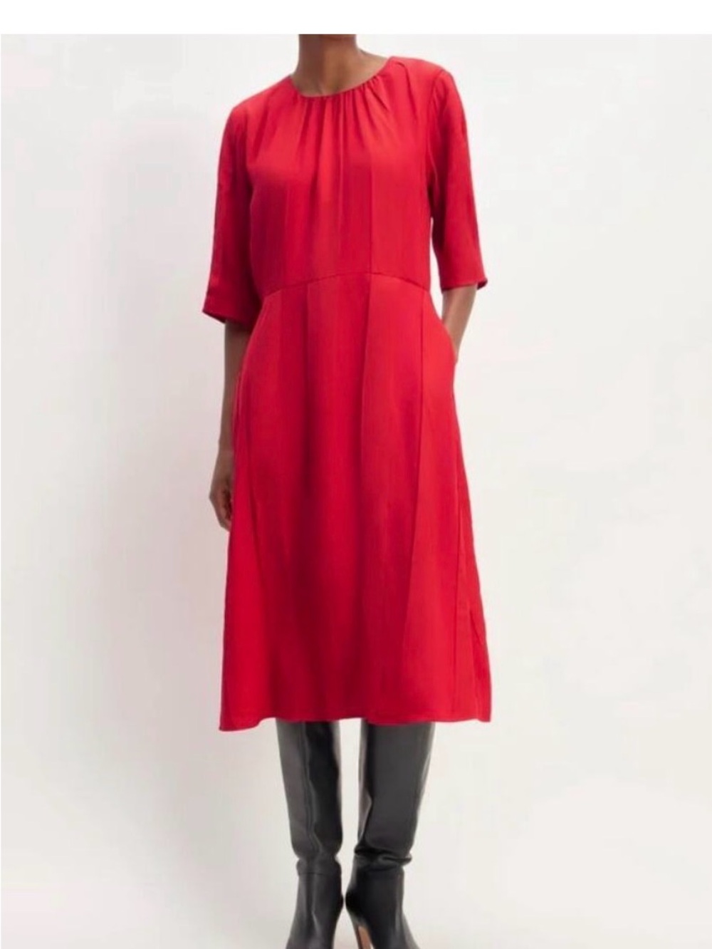 Everlane Red Midi Dress with Elbow Sleeves